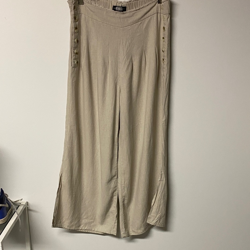 REWASH Linen Blend Wide Leg Palazzo Beige Capris with Side Buttons